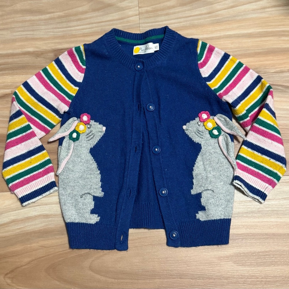 Mini Boden Blue Cardigan with Bunny and Striped Sleeves